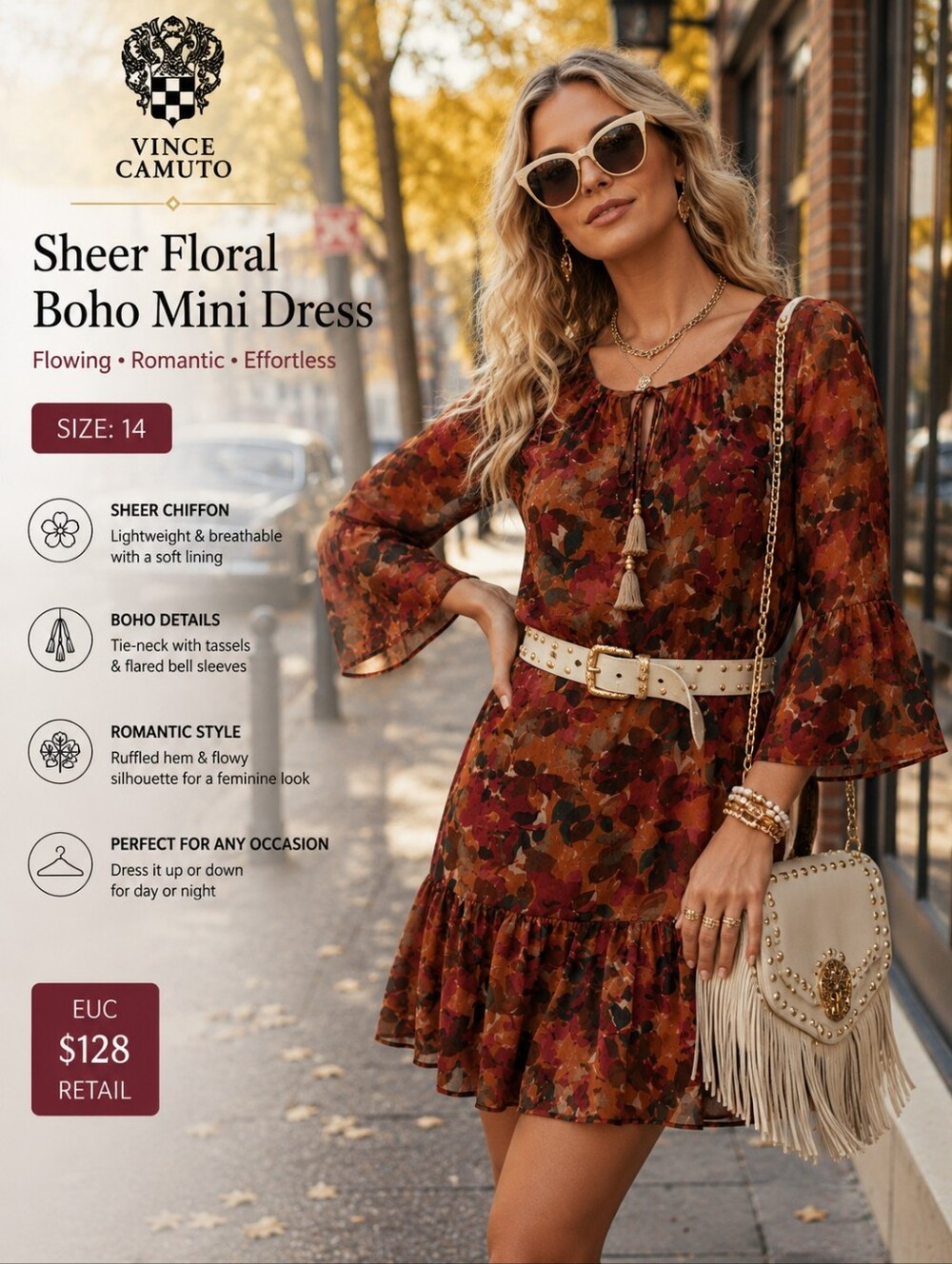 Vince Camuto Sheer Floral Boho Mini Dress Size 14 Flowing Romantic EUC $128Retai